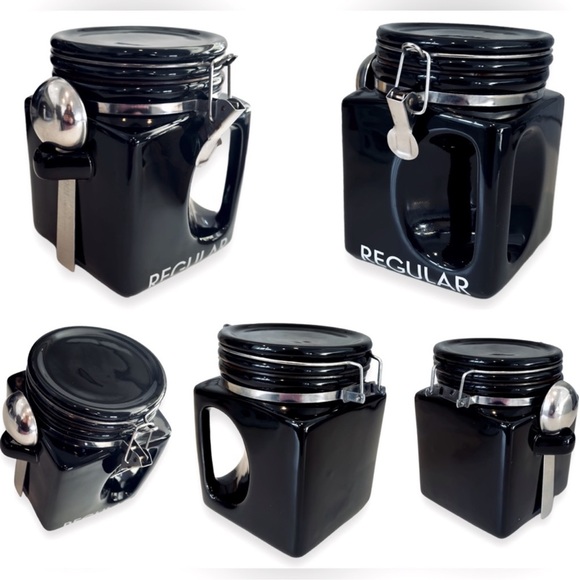 OGGI Coffee Tea Black Square Ceramic Canister Crock w Flip Lock Seal & Scoop - Picture 2 of 16